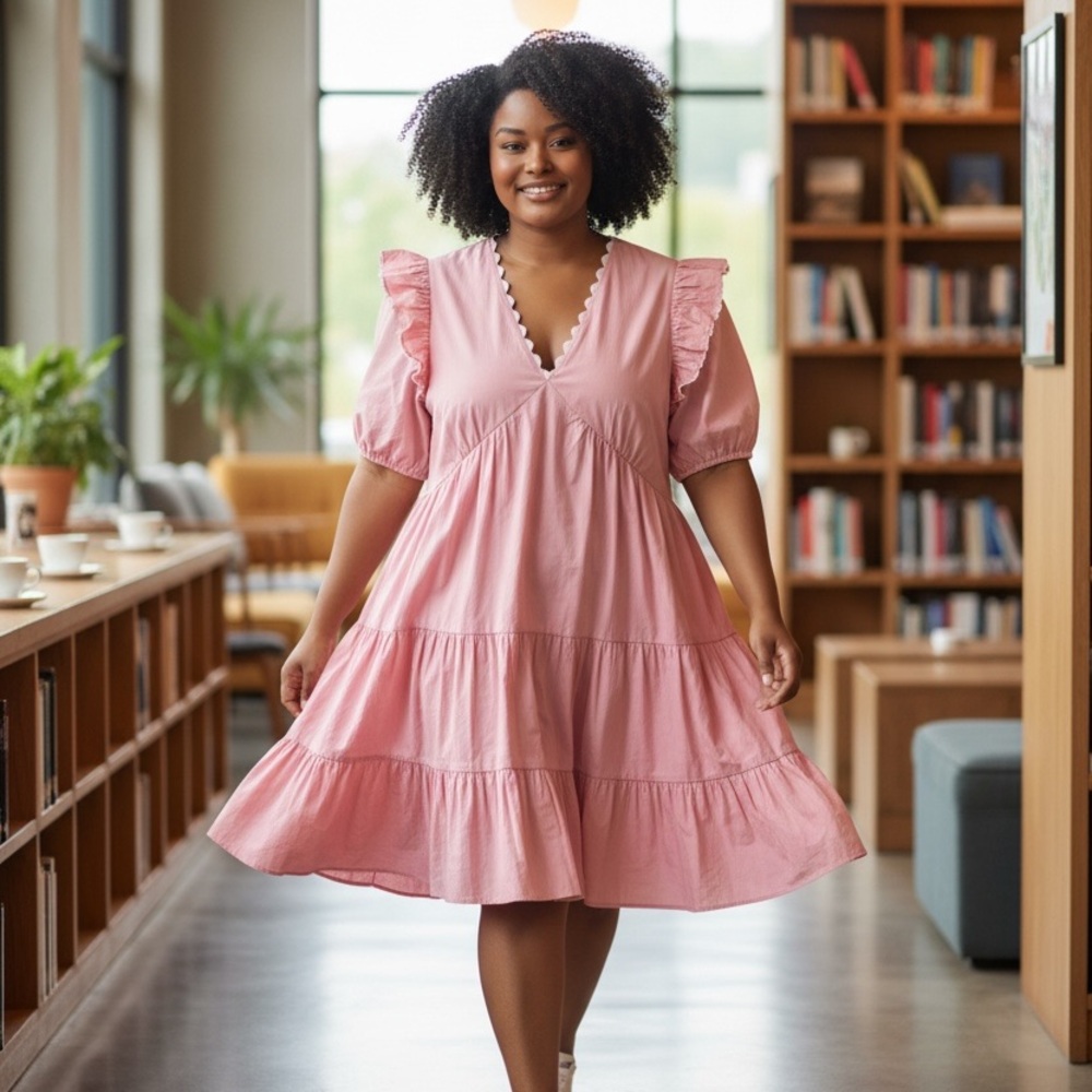 Simply Southern Pink RicRac Poplin Ruffle Sleeve Dress Sz L